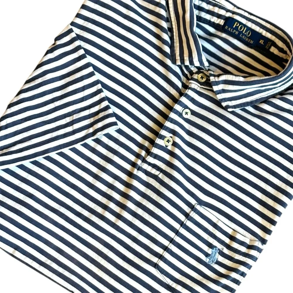 Polo Ralph Lauren Shirt Men’s XL Navy & White Stripe Light Blue‎ Pony on Pocket